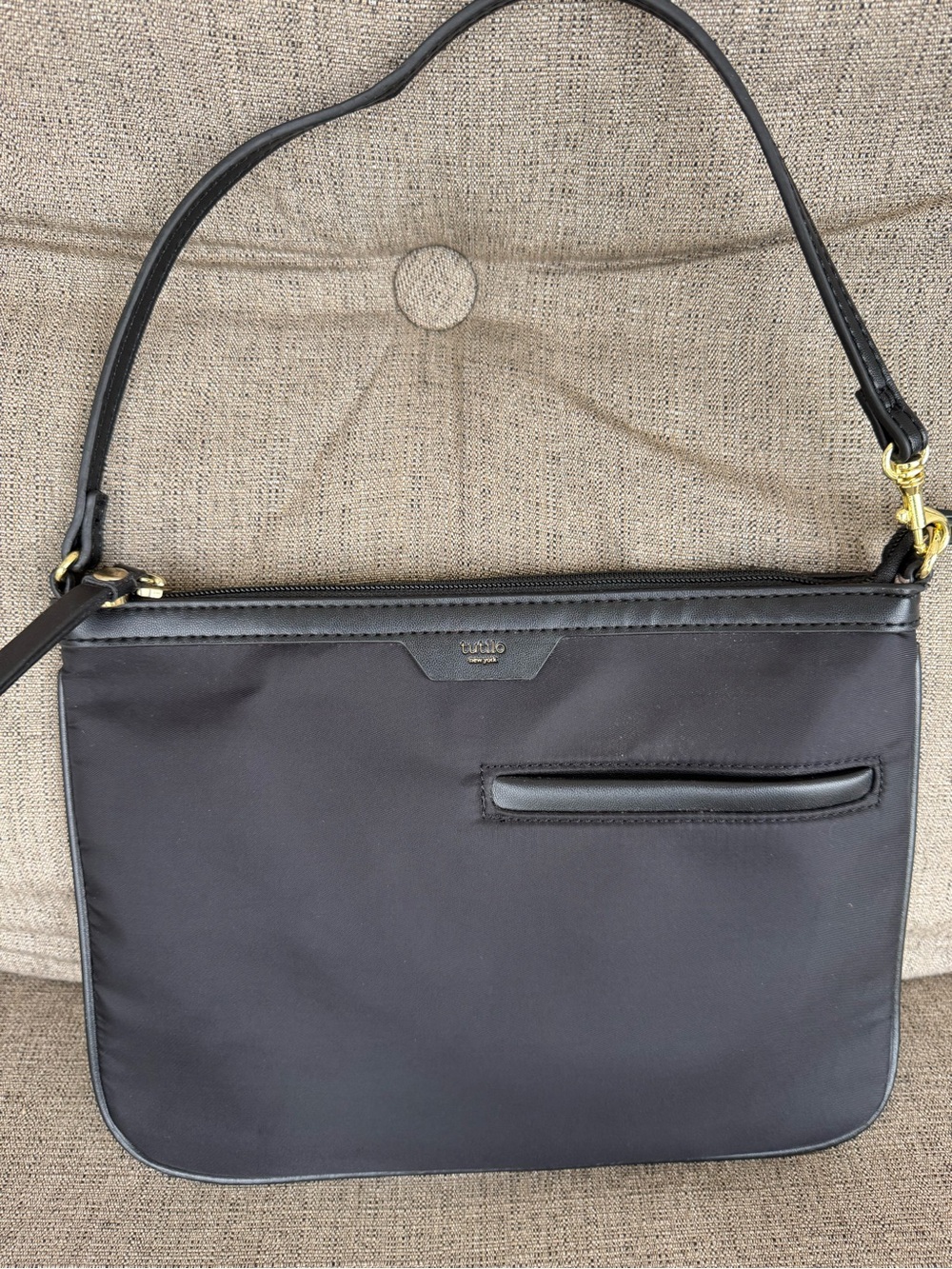 Tutilo New York Black Nylon Shoulder Bag with Gold-Tone Hardware